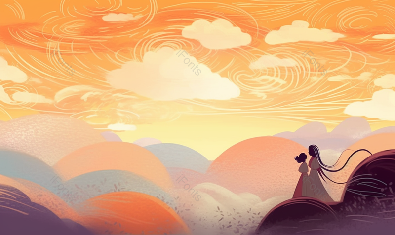 七夕古风唯美太阳透过云朵云层下站在山顶上的两个人影插画,插画/手绘图,插画/手绘图库,插画/手绘图下载,插画/手绘